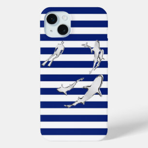Coque iPhone 15 Mini Diver and Sharks on Nautical Stripes