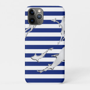 Coque iPhone 11 Pro Diver and Sharks Silhouettes on Nautical Stripes
