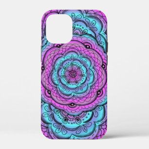 Coque iPhone 12 Mini Doodé De Fleur Bleu Et Violet