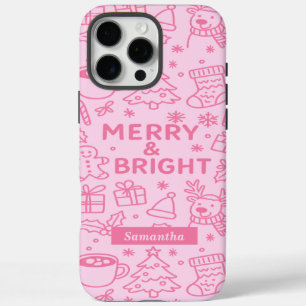 Coques iPhone 16 Pro Max Doodle de Noël rose   Vacances modernes
