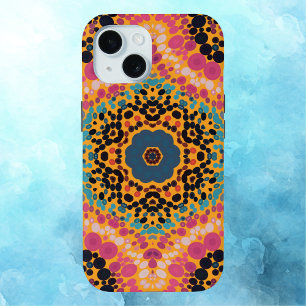 Coque Pour iPhone 15 Dot Mandala bleu rose noir et jaune