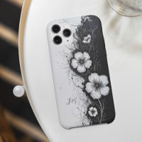 Double Fleurs blanches noires Monogramme Nom perso