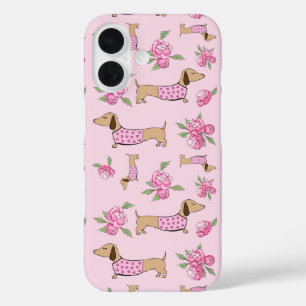 Coques iPhone 16 Doxie + Peonies Floral Dachshund