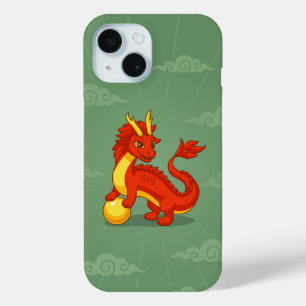 Coque Pour iPhone 15 Dragon Chinois Rouge sur Fond Vert