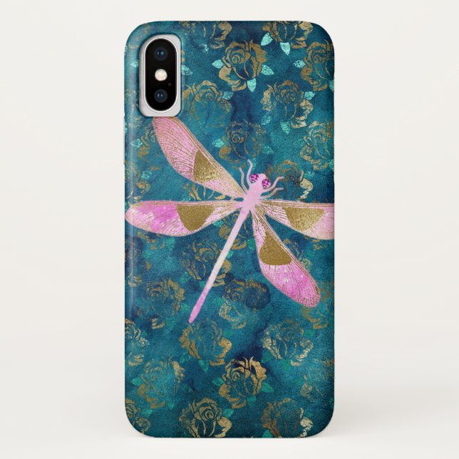 Coques Case-Mate iPhone Dragonfly Rose Gold sur Turquoise Blue Foil (Dos)