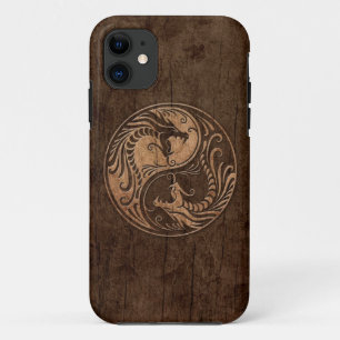 Coque iPhone 11 Dragons Yin Yang avec effet de grain de bois