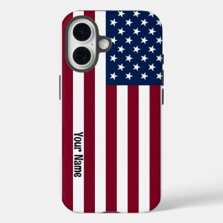 Coques iPhone 16 Drapeau Américain avec Texte Personnalisé