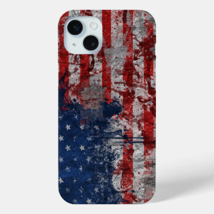 Coque iPhone 15 Mini Drapeau américain peint sur un mur de grunge