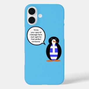 Coques iPhone 16 Plus Drapeau grec parlant Ms Penguin personnalisé
