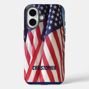 Coques iPhone 16 Drapeaux américains, Nom personnalisé