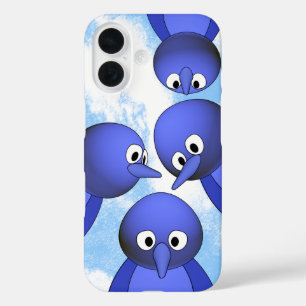 Coques iPhone 16 Drôle Carton d'Oiseaux Bleus
