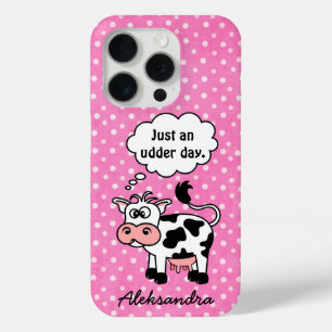 Coque iPhone 15 Pro Drôle Cartoon Vache rose Pointe Personnalisé