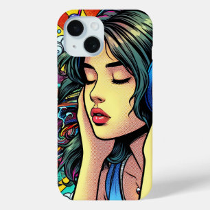 Coque Pour iPhone 15 Écouter de la musique sur les écouteurs Psychédéli