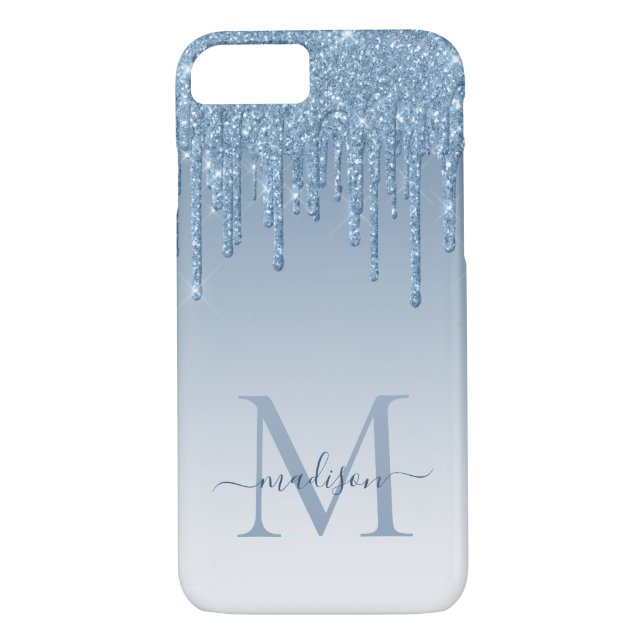 Coques Case-Mate iPhone Écran Monogramme de Parties scintillant bleu pouss (Dos)