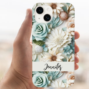Coque Pour iPhone 15 Écriture de nom de fleurs de crème verte poussiére