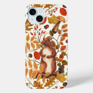 Coque iPhone 15 Mini Écureuils d'automne et flore automnale sur le blan