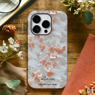 Coque Pour iPhone 14 Pro Élégance Florale en Relief Peach et Blanc