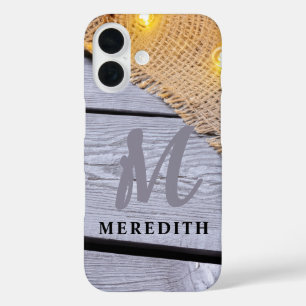 Coques iPhone 16 Élégance rustique Grange Burlap Nom et monogramme