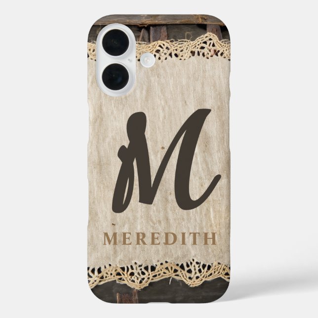 Coques Case-Mate iPhone Elégance rustique Monogramme Burlap Dentelle Barnw (Verso)