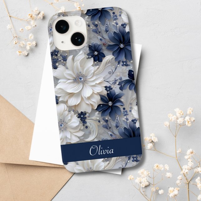 Coques Case-Mate iPhone Élégant bleu blanc floral chic Nom personnalisé (Créateur téléchargé)