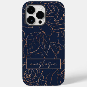 Coque Pour Pour iPhone 14 Pro Max Élégant bleu or Roses Nom