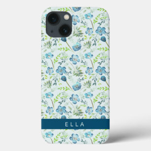 Case-Mate iPhone Case Elégant Boho Blue Green Watercolor Fleurs Nom Ca