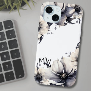 Coque Pour iPhone 15 Élégant Boho Noir Blanc Monogramme Floral