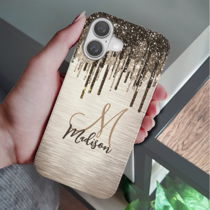 Coques iPhone 16 Élégant brun or gouttes parties scintillant monogr