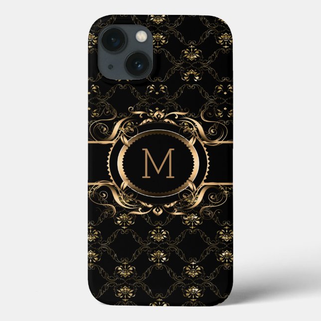 Coques Case-Mate iPhone Elégant cadre floral baroque noir & or (Verso)