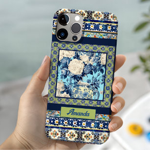 Coque Pour iPhone 15 Élégant carreau bleu floral chinoiserie monogramme
