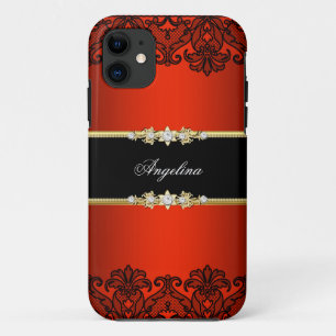 Coque iPhone 11 Élégant Classe Royal Rouge Dentelle Noir Or