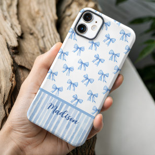Coques iPhone 16 Pro Elégant coquette bleu arc rayé toile monogramme