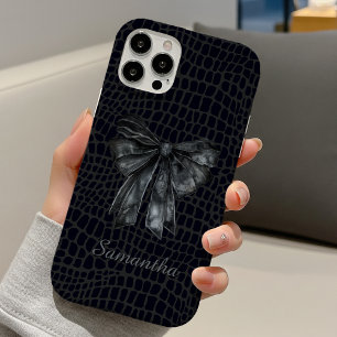 Coques iPhone 16 élégant crocodile gris noir coquette nœud monogram