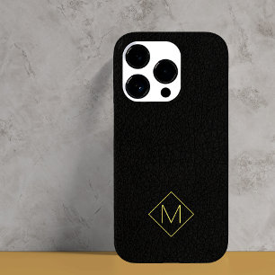Coque Pour iPhone 14 Pro Élégant cuir noir simple monogrammed