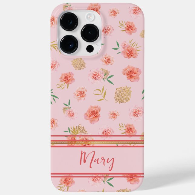 Coques Case-Mate iPhone Elegant Custom Feminine Pink Blossoms with Stripes (Verso)