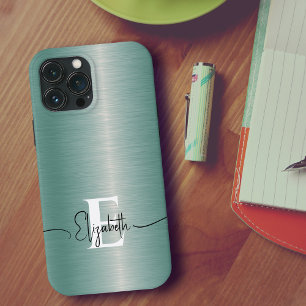 Case-Mate iPhone Case Élégant et moderne bleu brossé monogramme métalliq