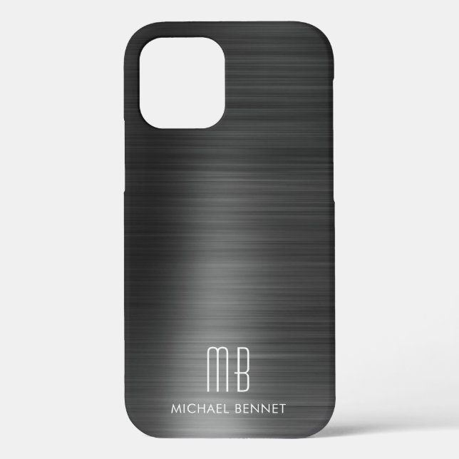 Coques Case-Mate iPhone Élégant Faux Noirs Brossé Monogramme métallique (Verso)