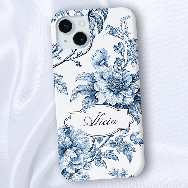 Coques Case-Mate iPhone Élégant floral bleu gravé avec nom ou monogramme (Créateur téléchargé)