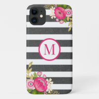 Élégant floral noir blanc rayure Monogramme