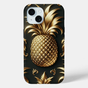 Coque Pour iPhone 15 Élégant Glam Black & Gold Tropical Pineappy