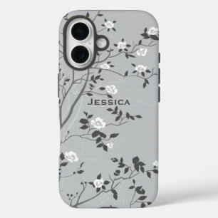 Coques iPhone 16 Elégant Gris Arbre Fleur Art Personnalisé
