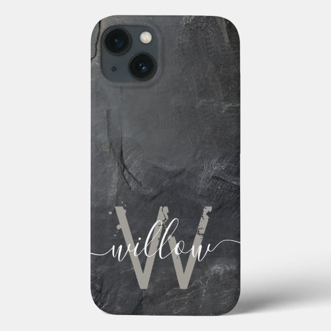 Coques Case-Mate iPhone Élégant Gris de Charbon Stone Script Monogramme (Verso)