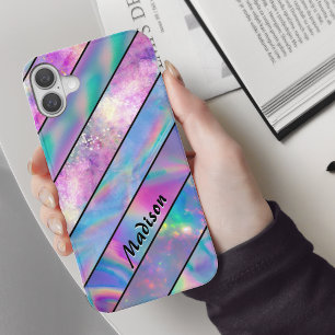 Coques iPhone 16 élégant holographique chic rose rose rayé