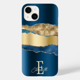 Coque Pour iPhone 14 Élégant Indigo Blue Agate Gold Sequins