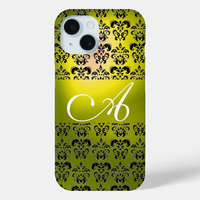 COQUES Case-Mate iPhone ÉLÉGANT JAUNE BLACK DAMASK MONOGRAM (Verso)