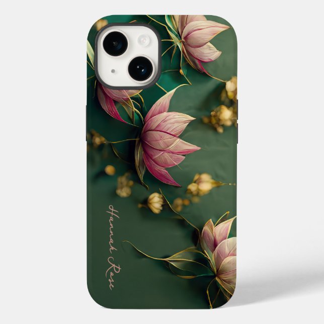 Coques Case-Mate iPhone Élégant Lotus Floral Rose & Or | Monogramme (Verso)