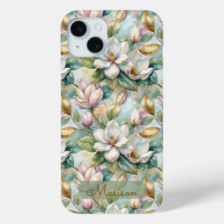 Coque iPhone 15 Mini Elegant Magnolias Flowers Gold with Name