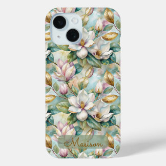 Coque Pour iPhone 15 Elegant Magnolias Flowers Gold with Name