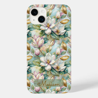 Coque Pour iPhone 14 Plus Elegant Magnolias Flowers Gold with Name
