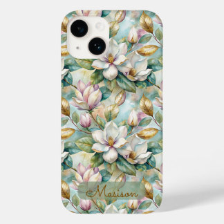 Coque Pour iPhone 14 Elegant Magnolias Flowers Gold with Name
